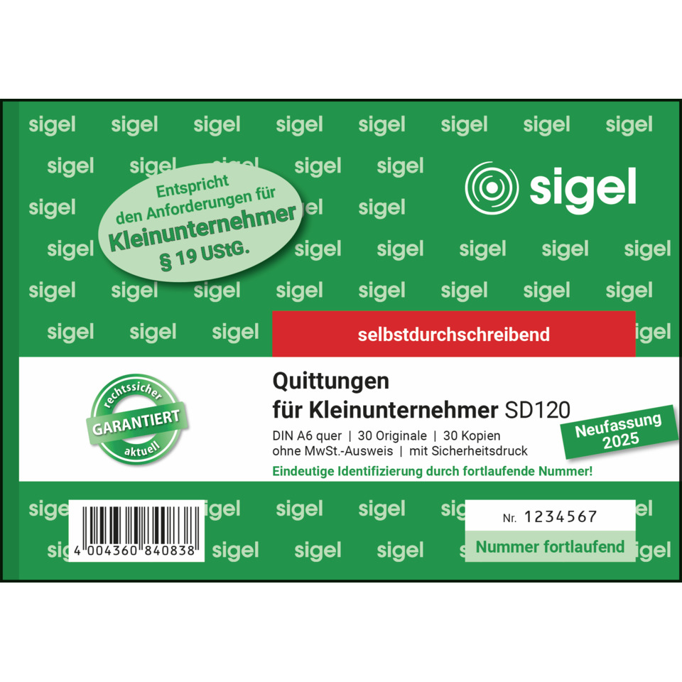 Quittung, Kleinunternehmer, DIN A6, Selbstklebend, Sigel