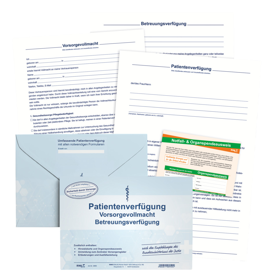 Patien­tenverfügung, Vorsorgevollmacht, Betreuungsverfügung, Notfall-Organspendeausweis, Dokumentenset