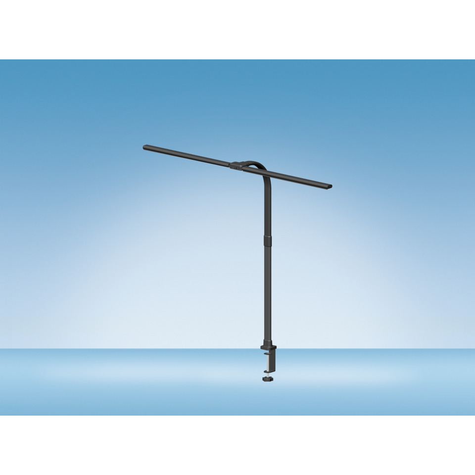aerial view, adjustable stand, monitor arm, clamp base, gray color