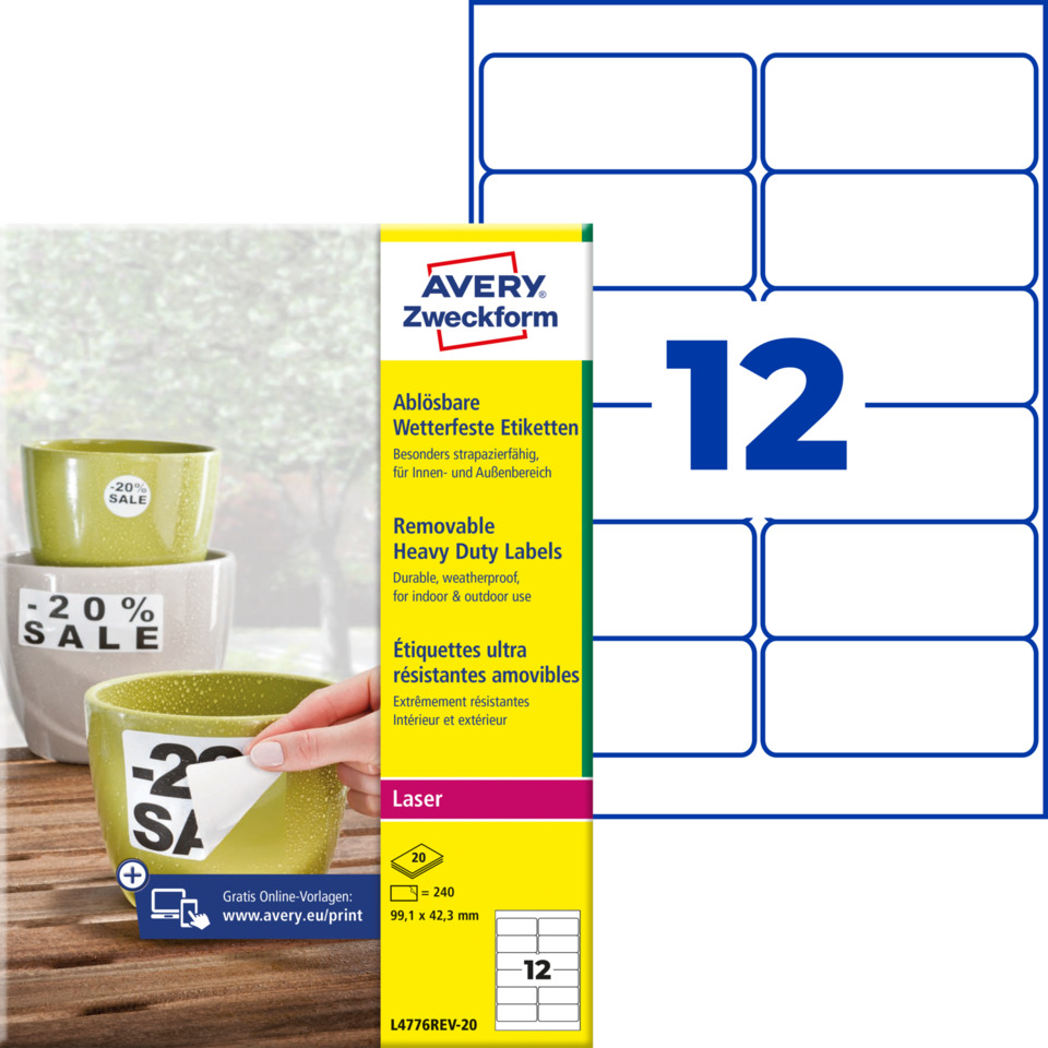 entfernbar, Etikettenbögen, Laseretiketten, robuste Etiketten, 12er Pack