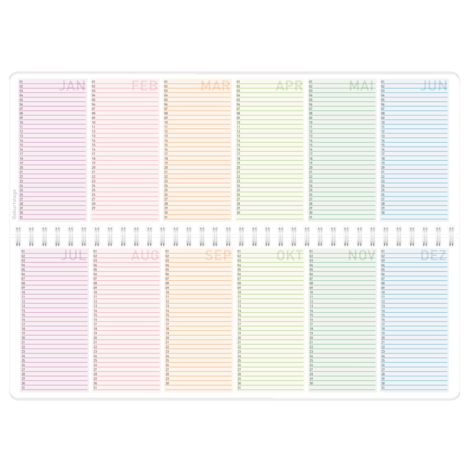 Kalender, Jahreskalender, Spiralbindung, Sektionierung, Monatsübersicht
