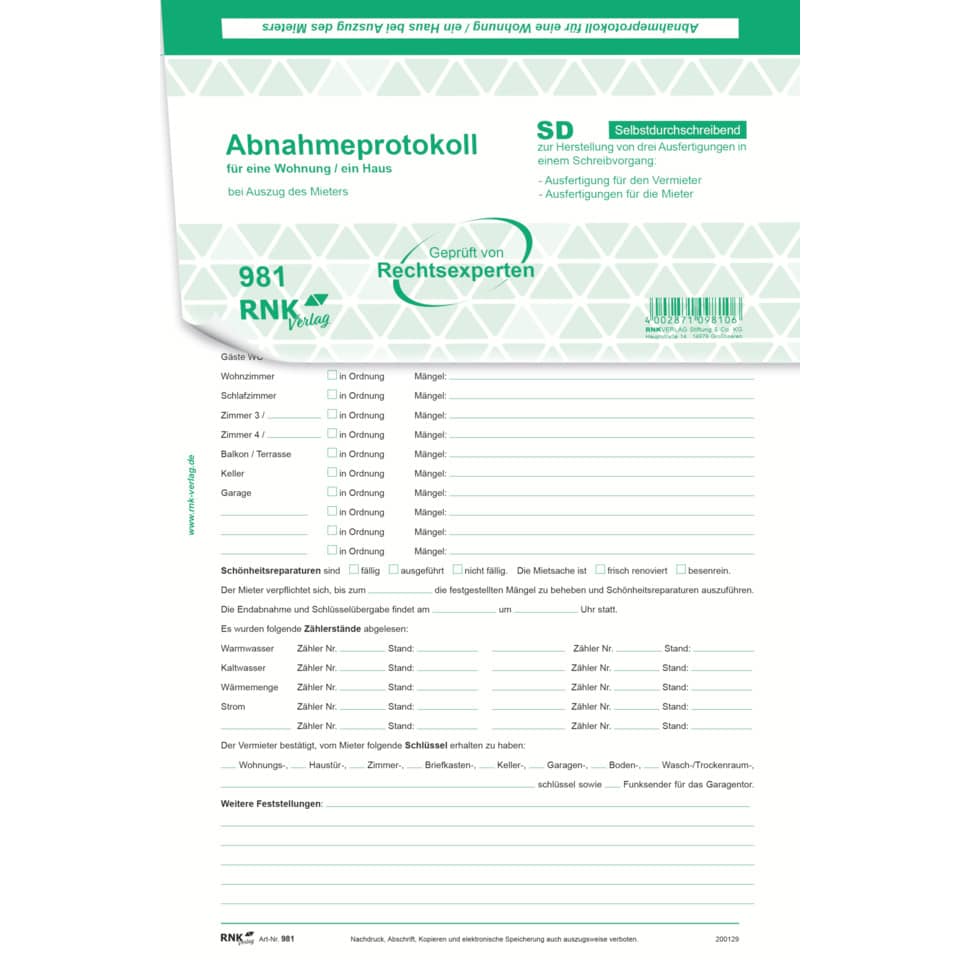 Abnahmeprotokoll, Formular, Mietnachweis, Wohnung, Protokollblatt