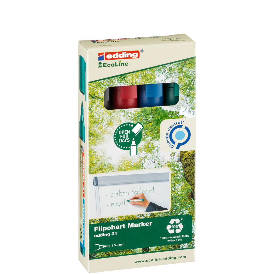 Flipchart-Marker, Edding 31, umweltfreundlich, recycelter Kunststoff, Tinte?, Flipchart-Stift, Markerenset, Edding EcoLine, Recycling-Kunststoff, Bunte Farben