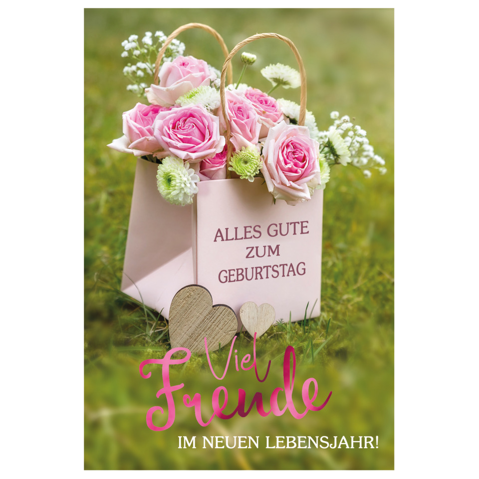 pink roses, Blumenstrauß, Geschenktüte, Geburtstag, grüner Hintergrund