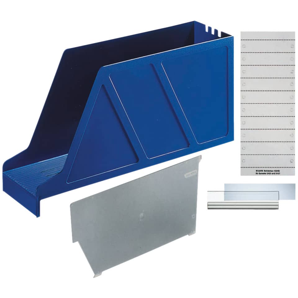 Halterordner, Blauer Ordnerhalter, Halterplatte, Drahtkanten, Taktile Schienen