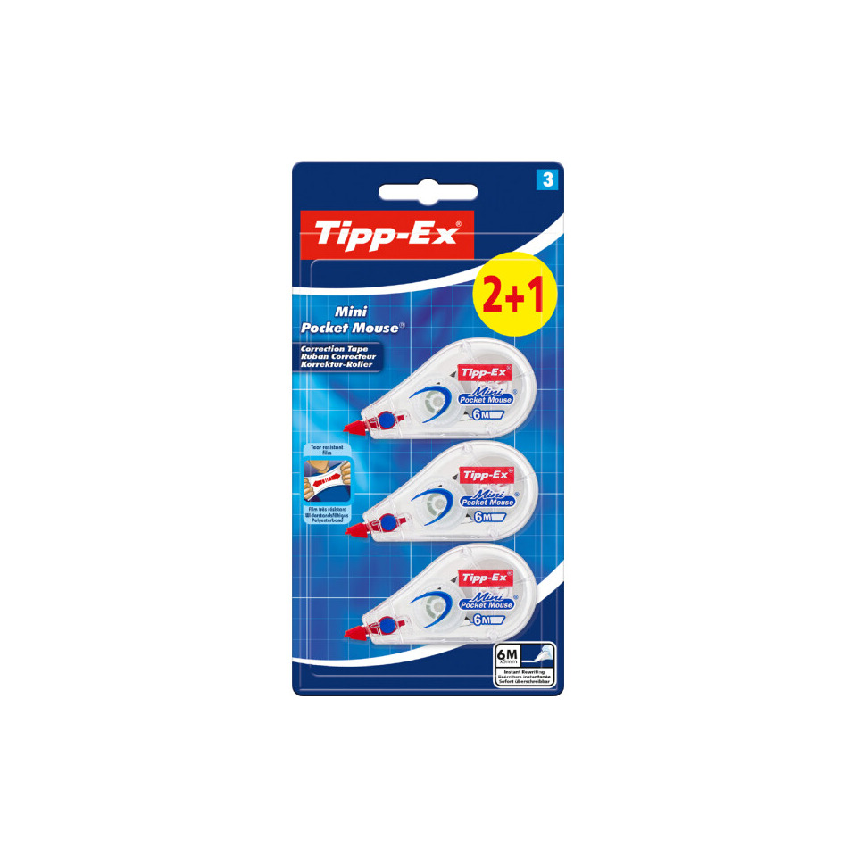 Mini Pocket Mouse, Korrekturband, Weiß, Roter Haken, 2+1