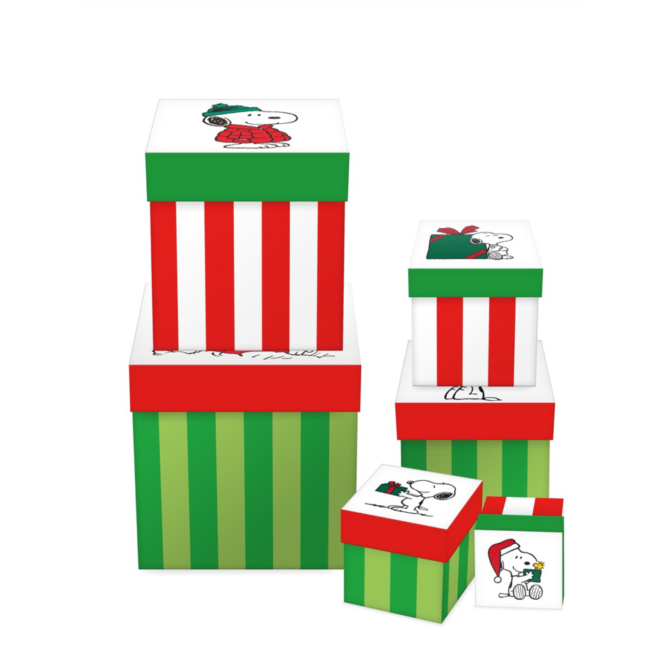 Geschenkboxen, Snoopy, gestreiftes Muster, rot-grün, Geschenkverpackung
