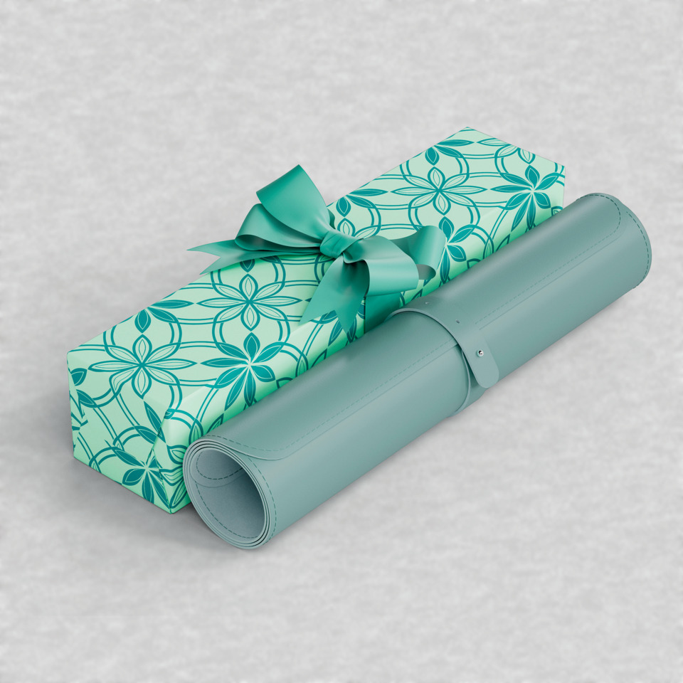 Geschenkverpackung, gemustertes Kästchen, Türkis, Schleife, Geschenkfolie
