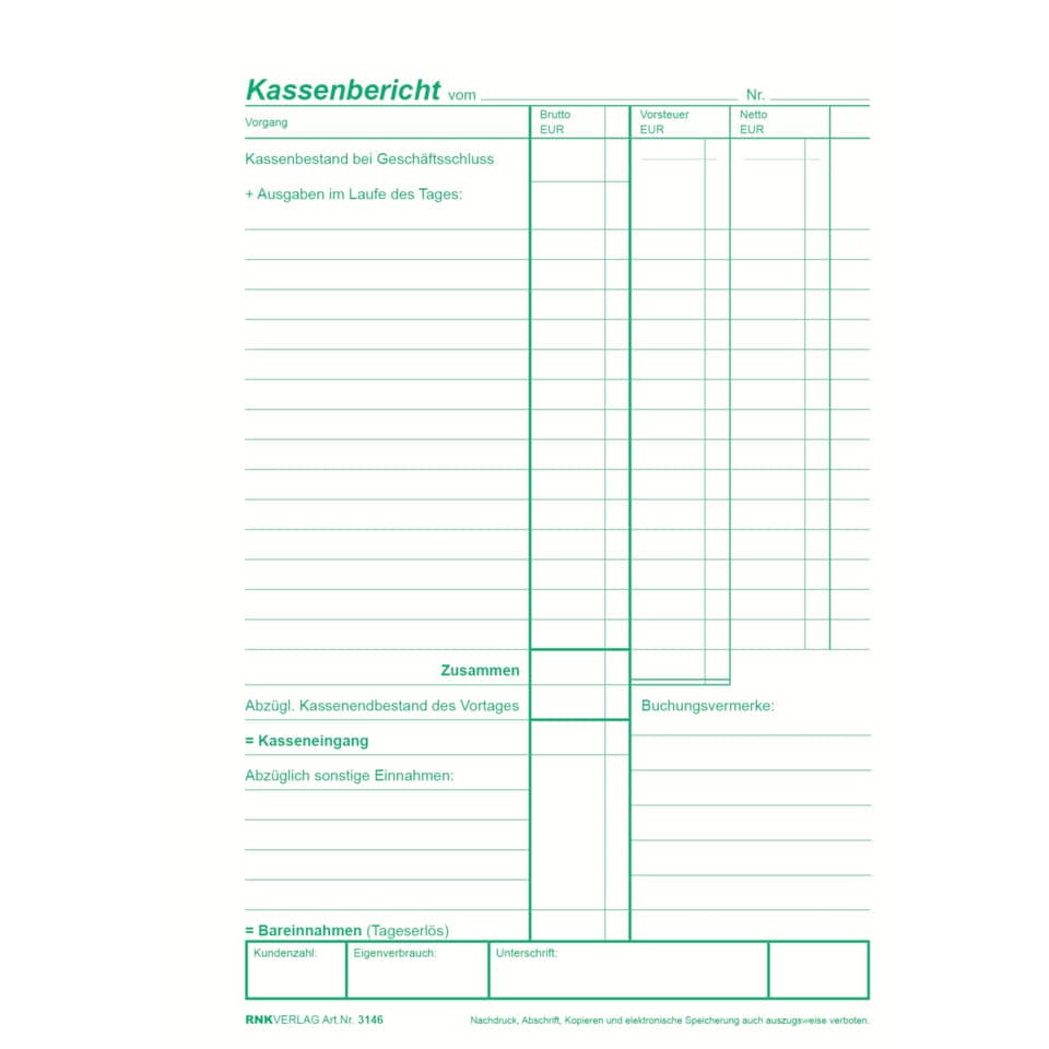 Kassenbericht, Belegblatt, Kassenformular, Kassenbeleg, Taschenbuch-Layout
