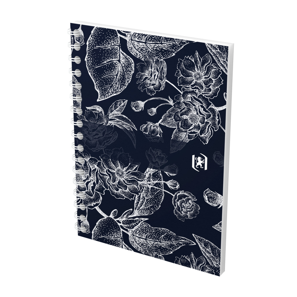 Notizbuch, Spirale, Blanko, Blumenmuster, Dunkelblau