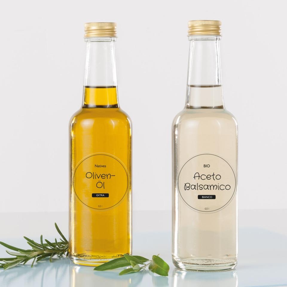 Olivenöl, Extra, Glasflasche, Etikett, Kräuterzweig, Öl, Olivenöl, Extra vergine, Biologisch, Balsamico