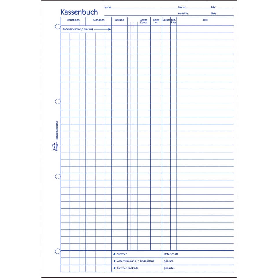Kassenbuch, Aufbewahrung, Kassenbuch-Seite, Blaues Linienpapier, Kassenbuch-Vorlage