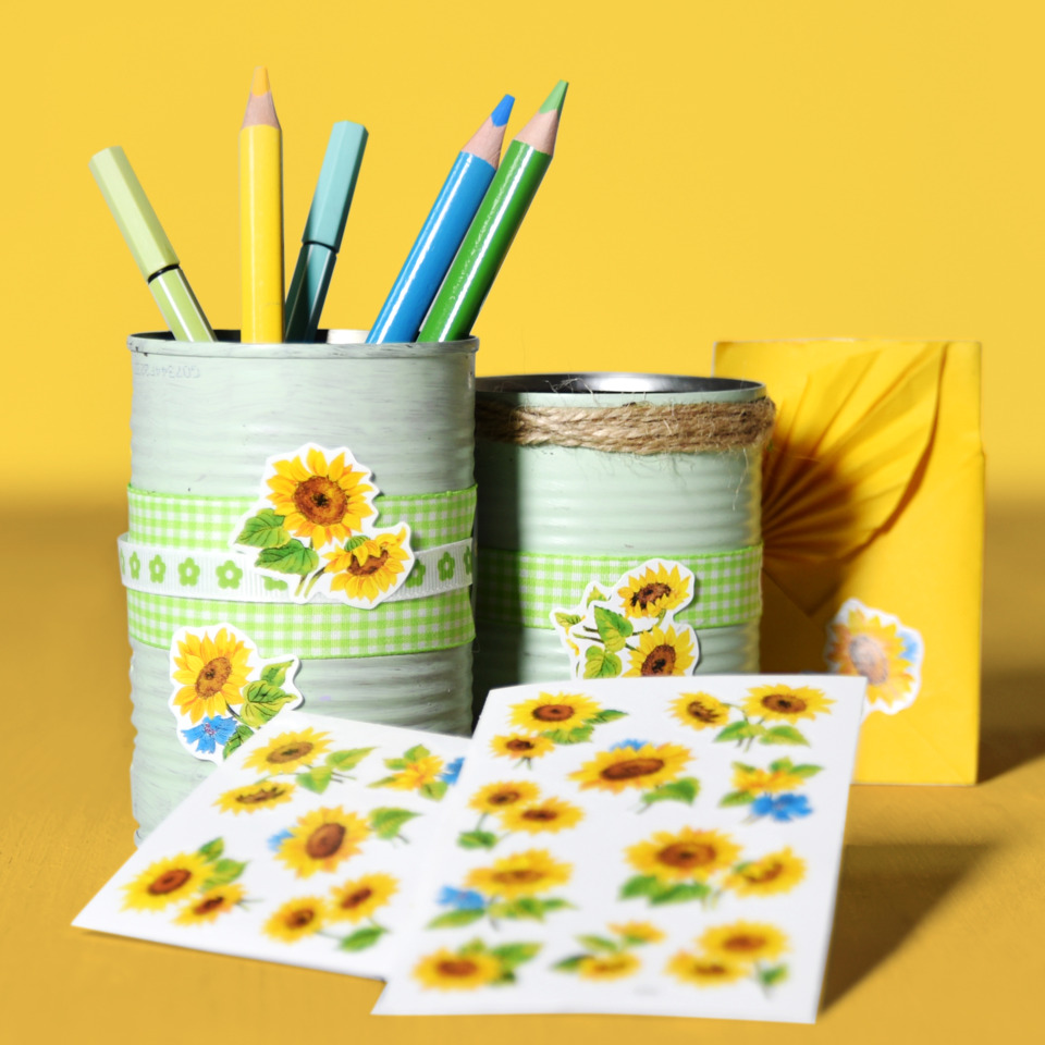 Bleistiftbehälter, Pinselhalter, Sonnenblumen-Aufkleber, Dekorband, Kunstkarten