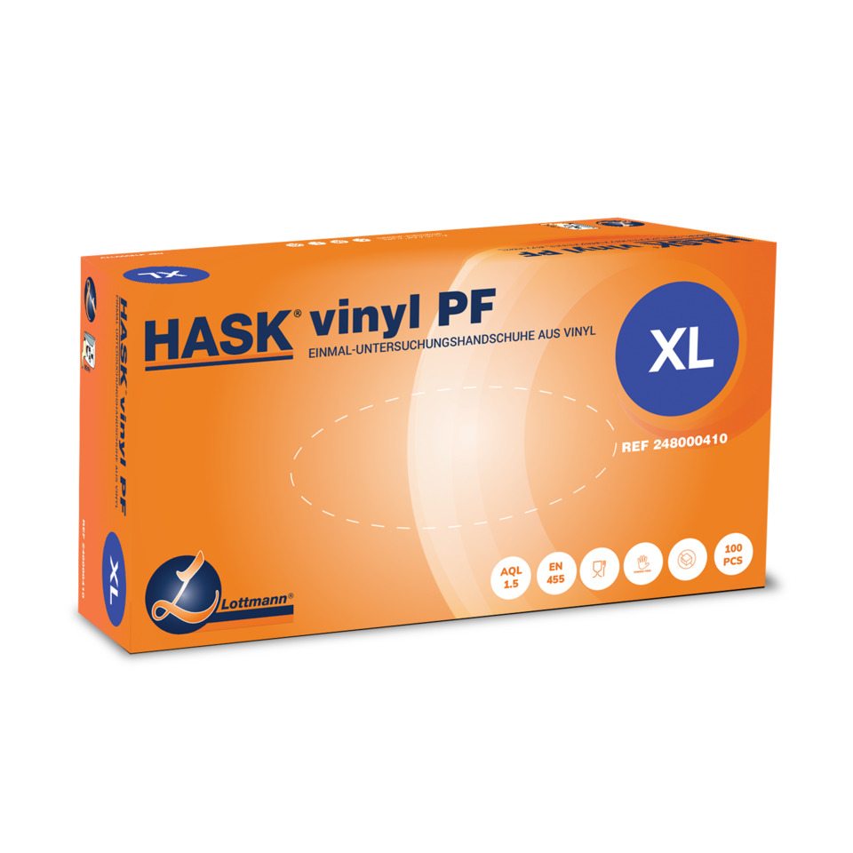 Vinyl PF, Einmal-Handschuh, Schutzhandschuh, Größe XL, orange Verpackung