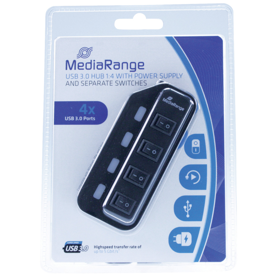 USB-Hub, 4-Port USB 3.0, MediaRange, Netzschalter, Stromversorgung HUB
