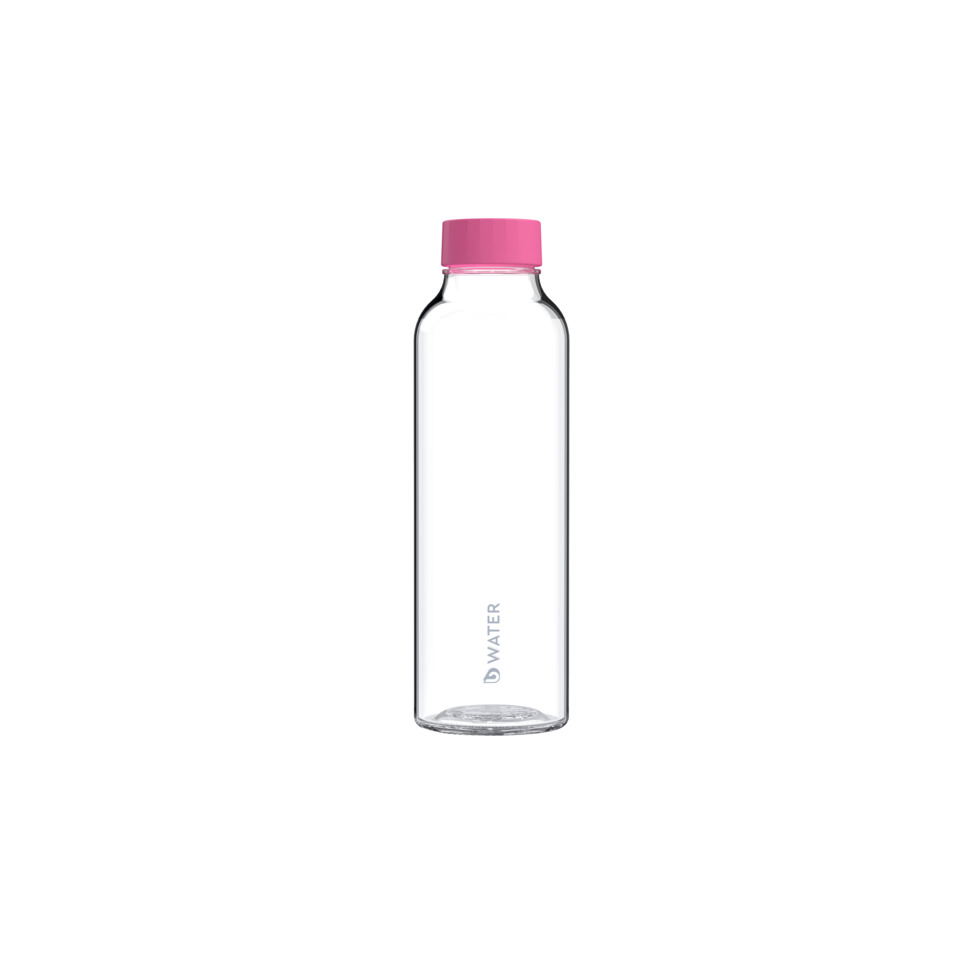 Wasserflasche, Glasflasche, 70 cl, rosa Deckel, transparent
