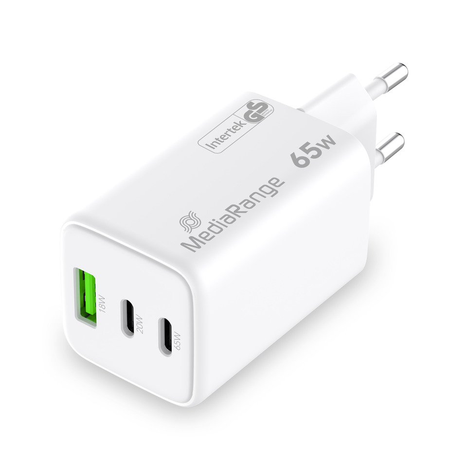 USB-C Ladegerät, 65W, Mediorange, EU Stecker, weißes Zubehör