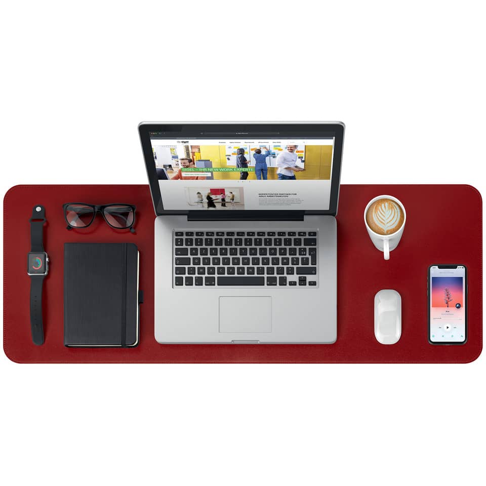 laptop desk mat, red desk mat, laptop setup, watch, glasses