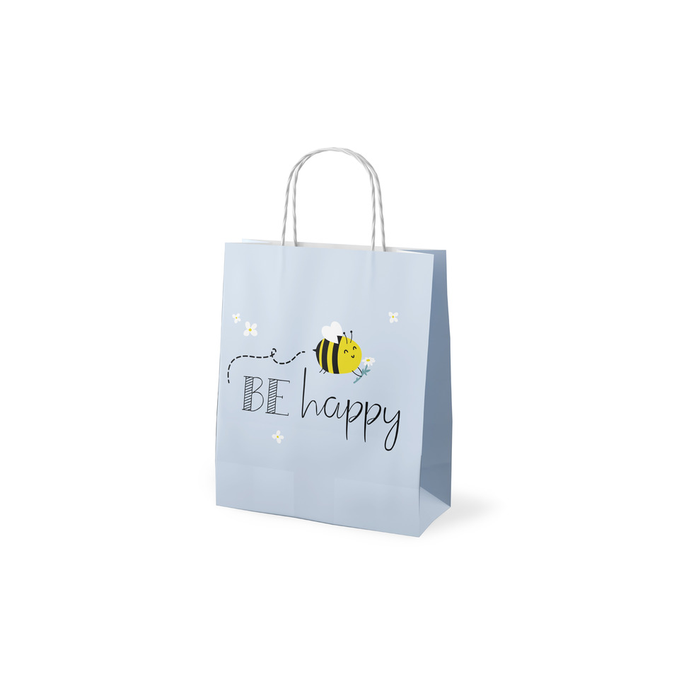 Tüte, Geschenkbeutel, Beutel, Beutel mit Griffen, Biene, Be happy Schriftzug, Pastellblau, Papiertragetasche, Schnurgriff, Druckmotiv