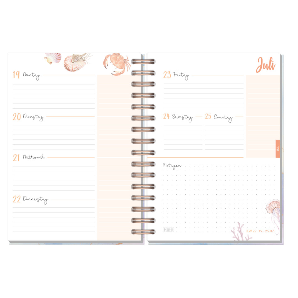 Tagebuch, Planer, Spiralbindung, Notizfeld, Meeresschalen-Design