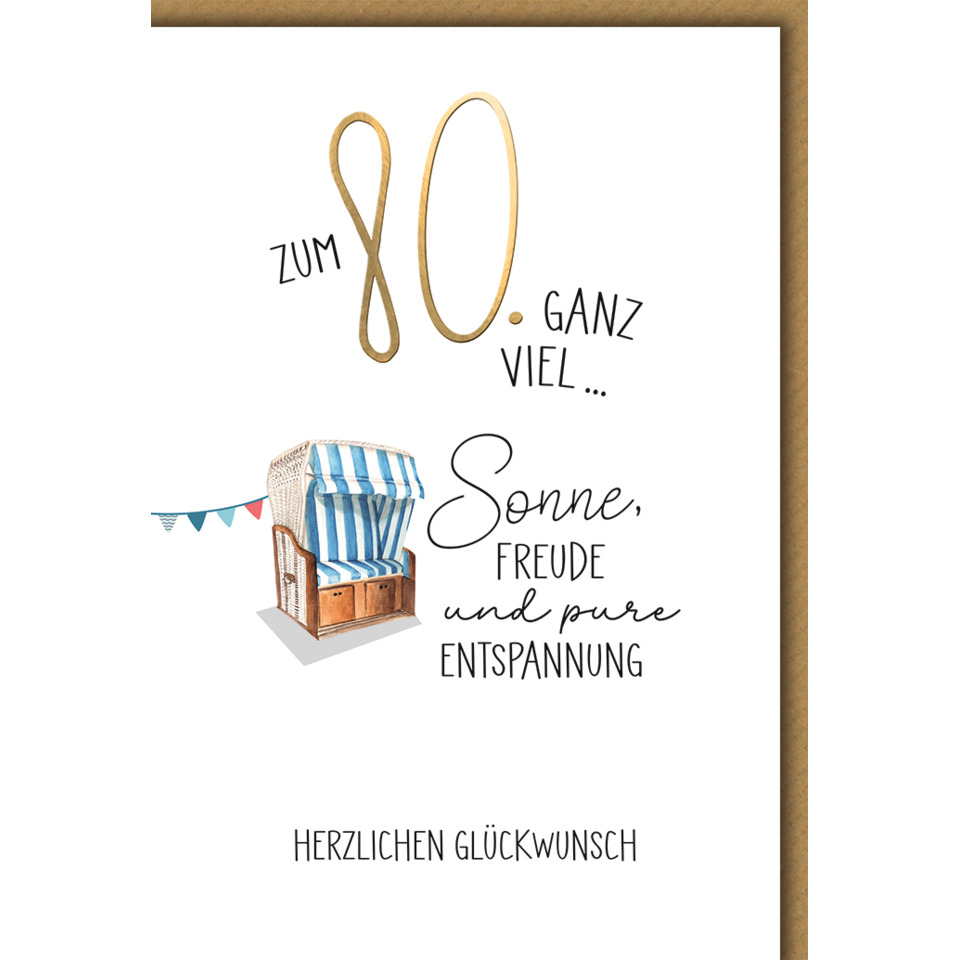 karte, glückwunschkarte, strandkorb, goldenes 80, schriftzug