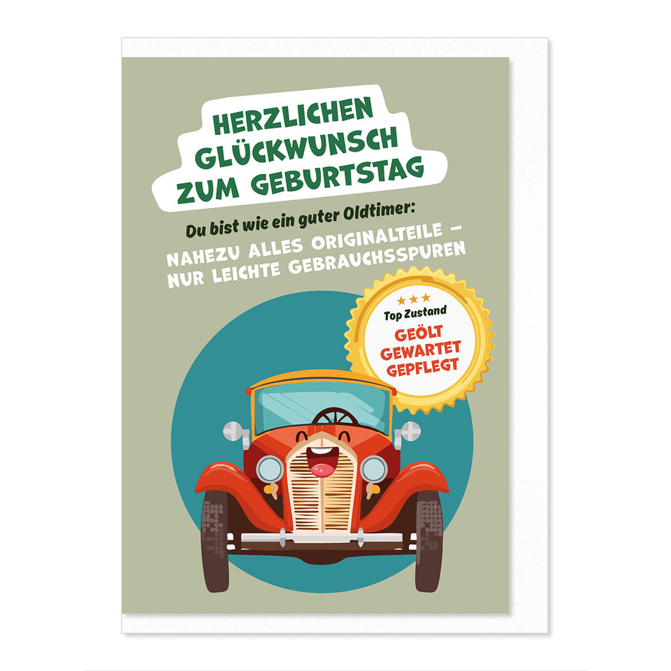  Auto, Oldtimer, Geburtstag, Karte, Gelb/Rot Auto
