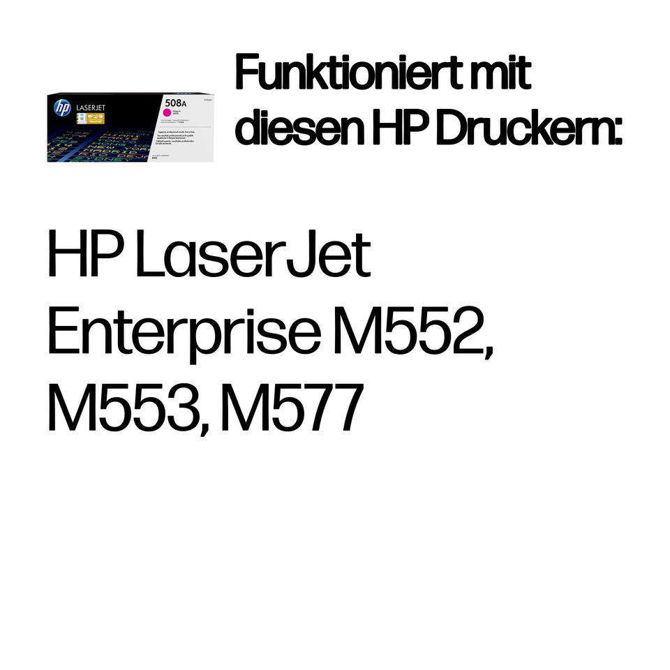 Laserdrucker, HP, Druckerpatrone, Marketingtext, weißer Hintergrund