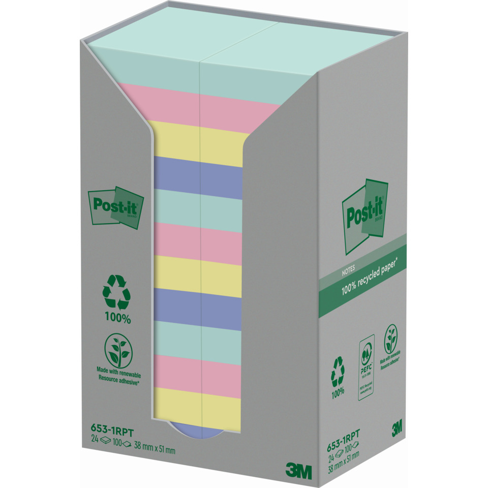 Post-it Notizen, Haftnotizen, Mehrfarbig, Gestapelt, Recyceltes Papier