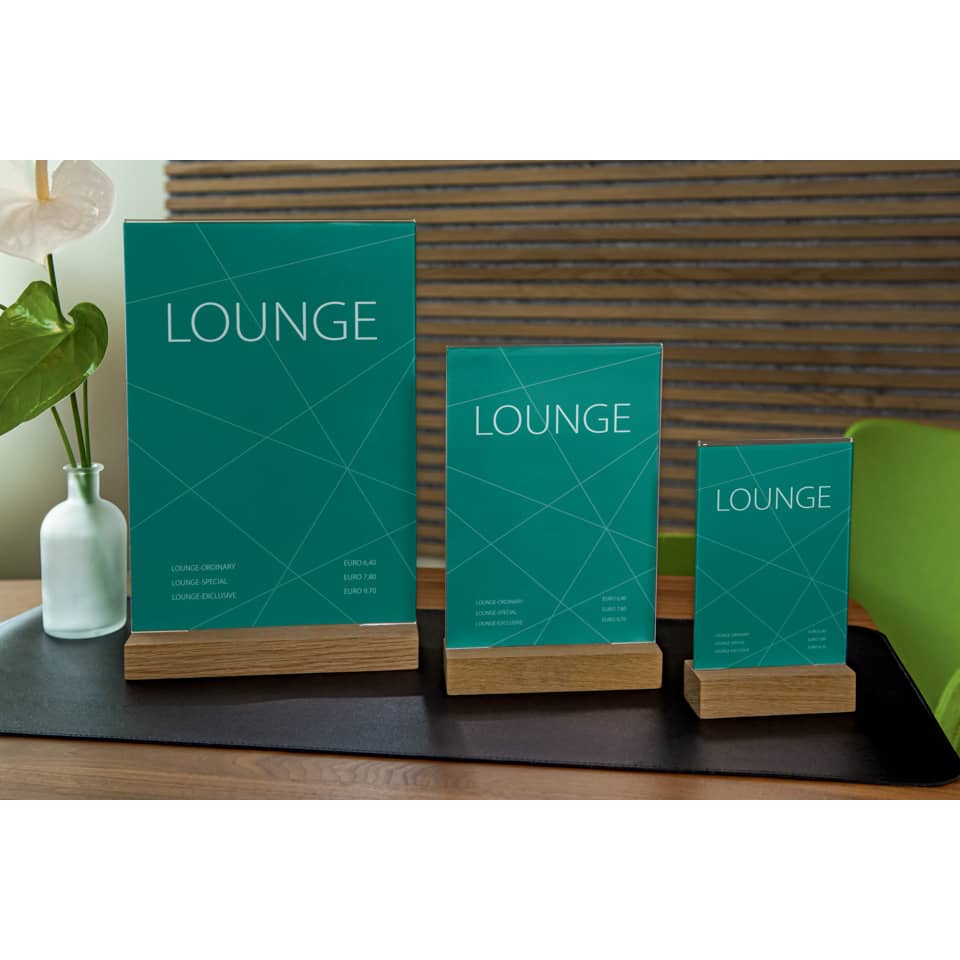 Lampe, Teal Broschüre, Produktpräsentation, Holzständer, grüne Karte