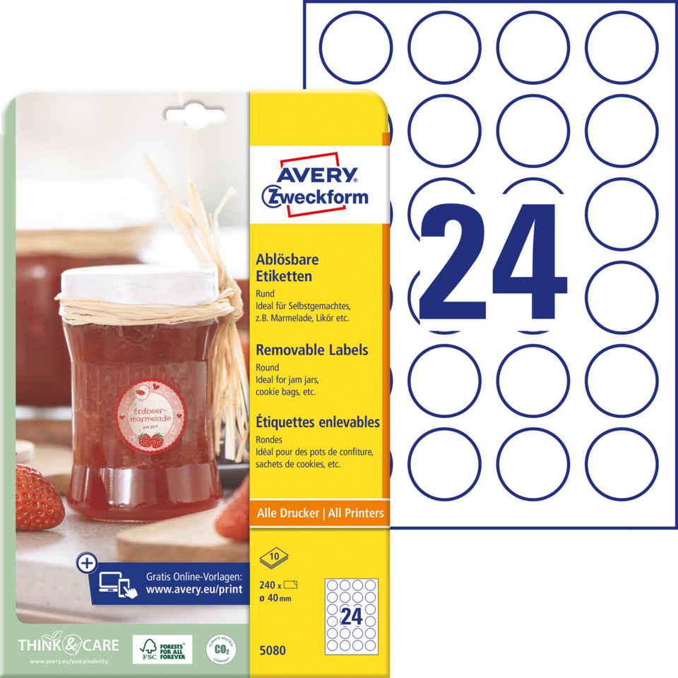 Etiketten, Klebezettel, Rund, 24er Blatt, Avery, Etiketten, Labels, Avery, Glas, Marmelade