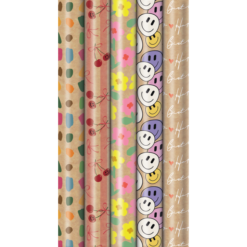 Geschenkpapier, Musterpapier, Florales Muster, Beige Grundton, Smileys Muster