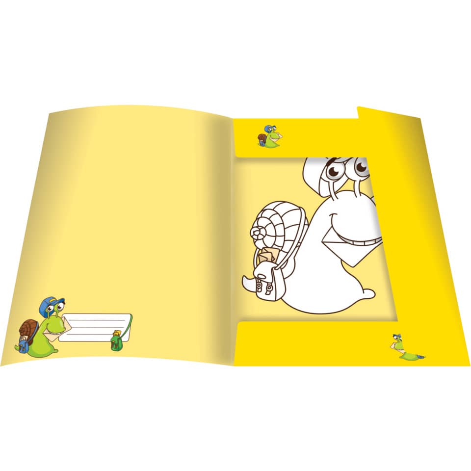 Kids book, Gelbe Mappe, Cartoonenschnecke, Rucksack, Illustration