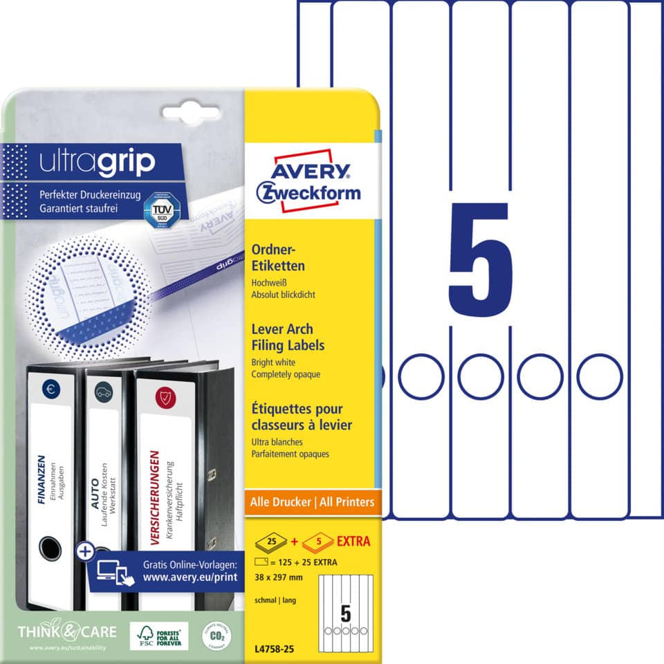 Ordnerrückenschild permanent, 38 x 297 mm, schmal/lang, 125 Stück, weiß AVERY ZWECKFORM L4758-25