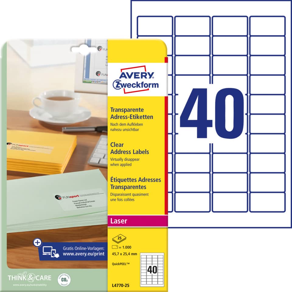 Etiketten, Adressetiketten, Transparent, Laser, 40er-Clip
