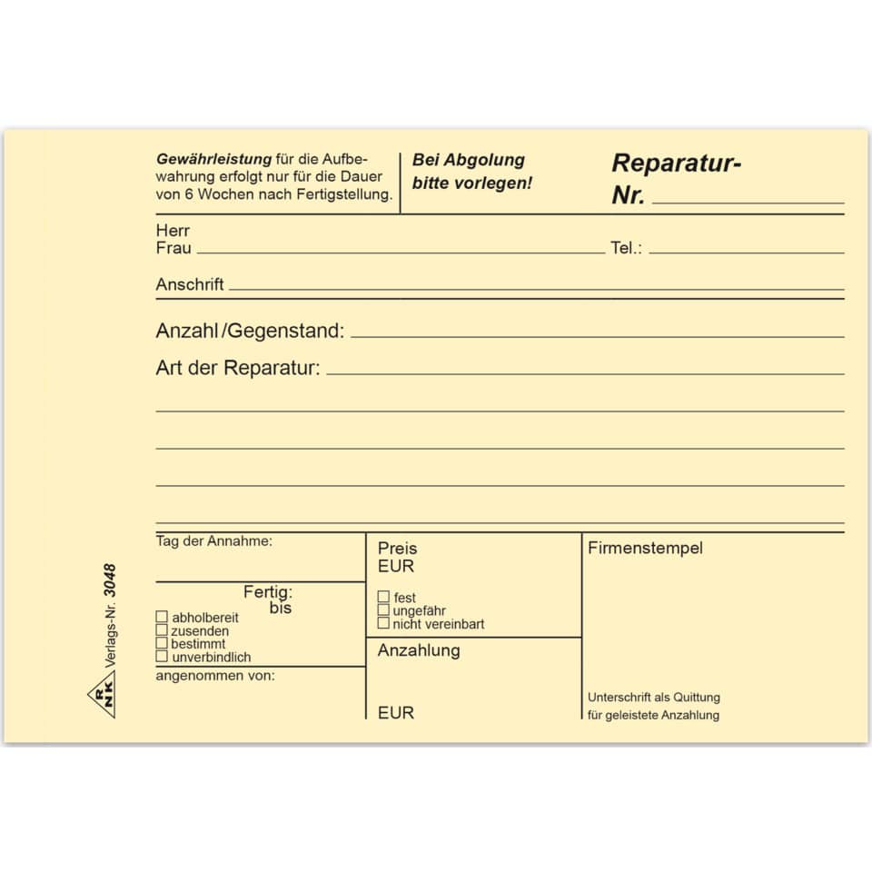 Reparaturkarte, Reparaturformular, Kundenschein, Auftragsformular, Preis-Teilungsblatt