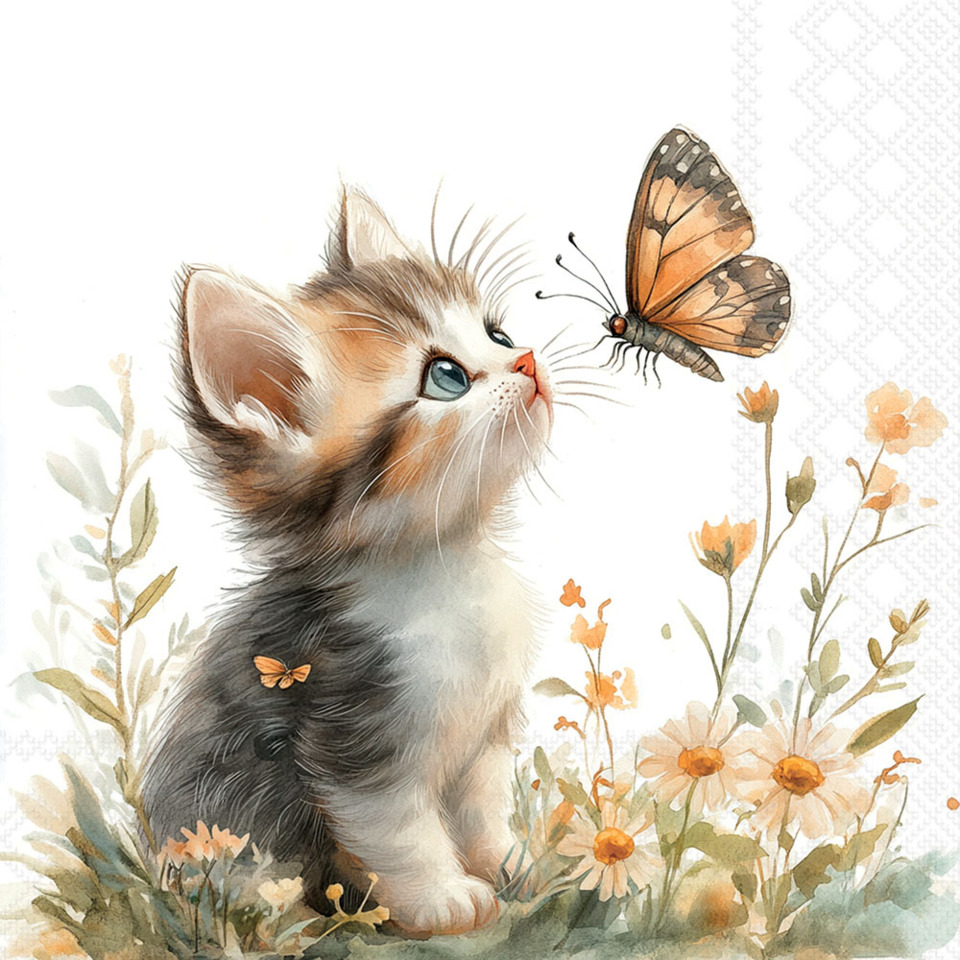 Katzenbild, Kätzchen, Schmetterling, Blumen, Farbzeichnung
