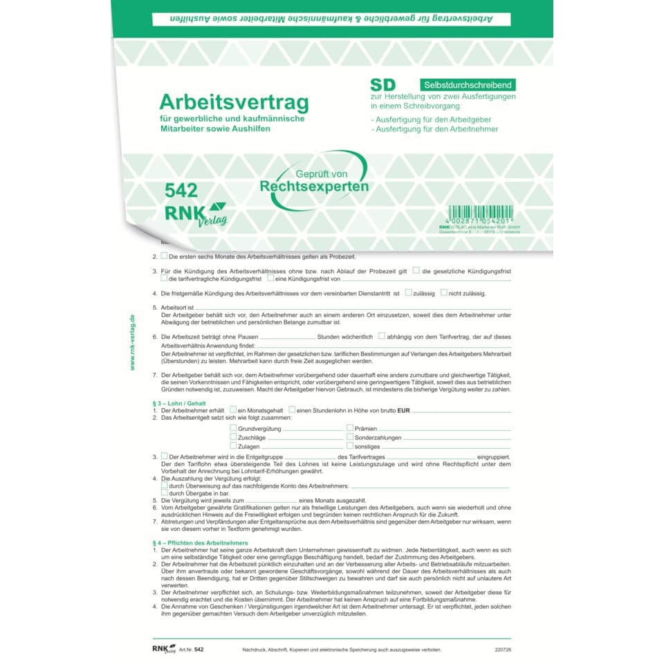 Arbeitsvertrag, Vertragsform, Papierdokument, Druckvorlage, Arbeitswelt