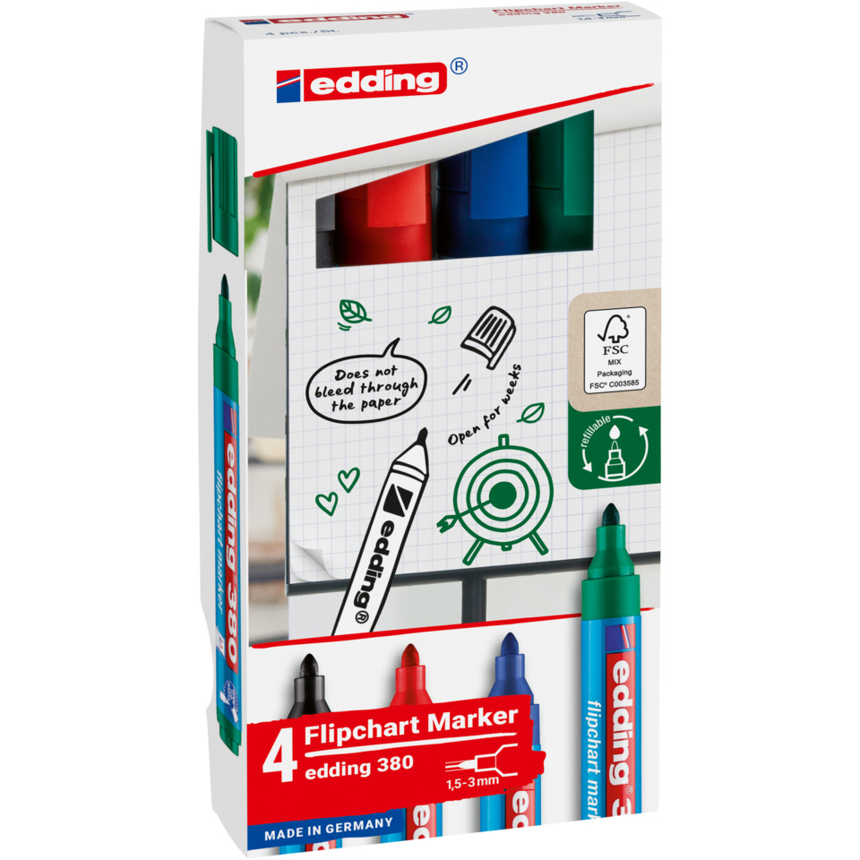 Marker, Flipchart-Marker, Edding 380, Tafelmarker, 4-Farben-Set
