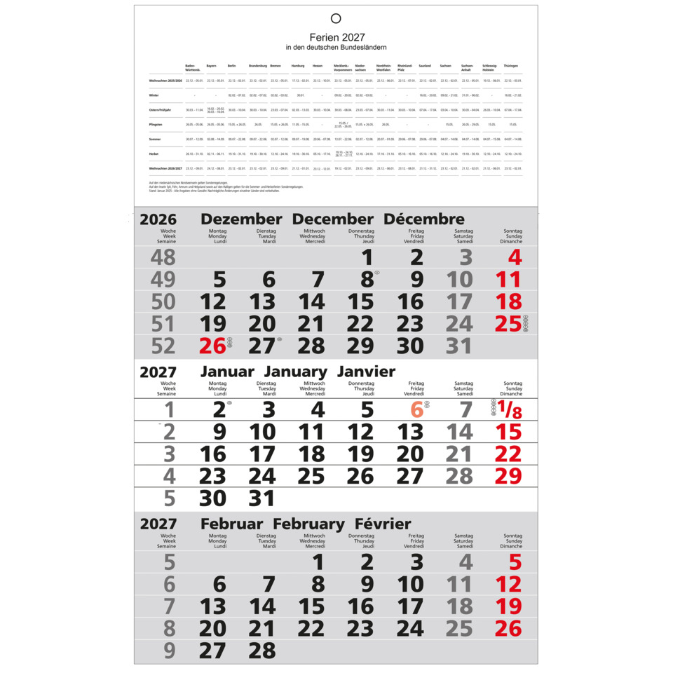 Kalender, Kalenderblatt, Dezember 2026, Jahreskalender, Woche