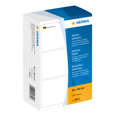 Adressetiketten permanent, 95 x 48 mm, leporello-gefalzt, 1000 Stück, weiß HERMA 4311