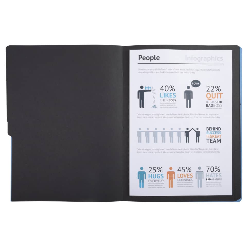Notizbuch, offenes Buch, Infografik, schwarzes Cover, Zwei-Seiten-Ansicht