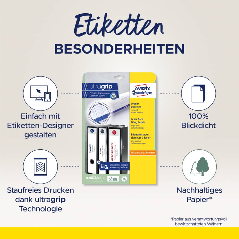 Etiketten, Drucketiketten, UltraGrip, Avery, Papier