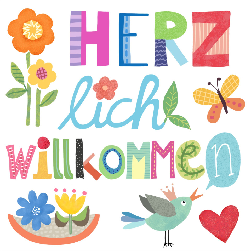 willkommen, blumen, vogel, herz, schmetterling