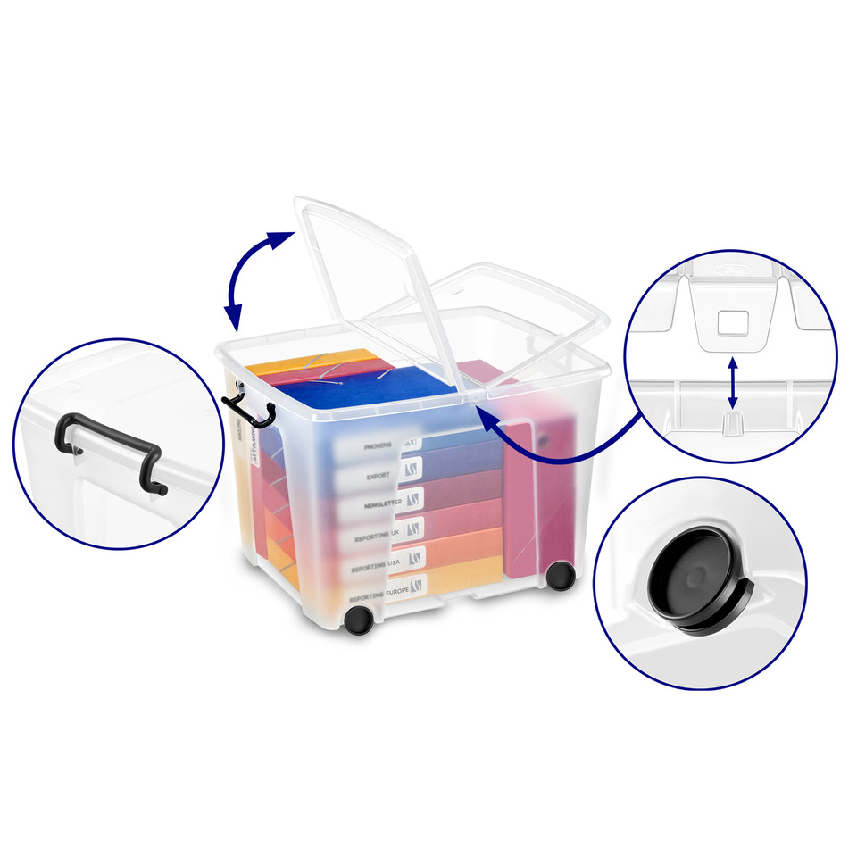 Aufbewahrungsbox, Kunststoffbox, deckel mit Verriegelung, bunte Trenner, rollbarer Trolley