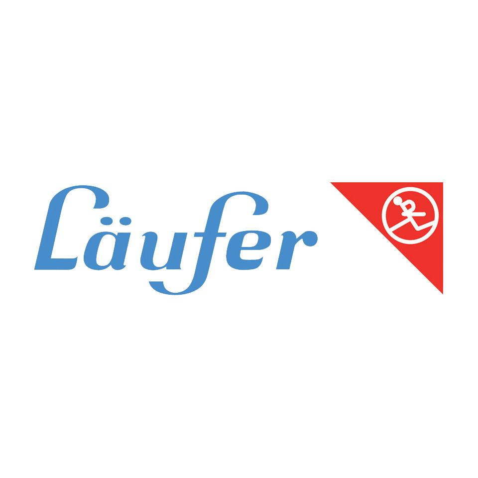 logo, laufer, brand logo, blue text, red triangle