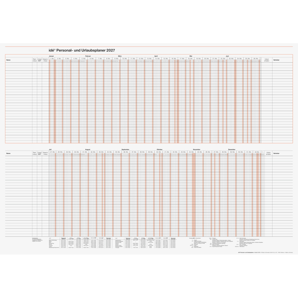 Urlaubsplaner 2027 - 30 Mitarbeiter, 86 x 61 cm, 12M/1S RIDO 7033700007
