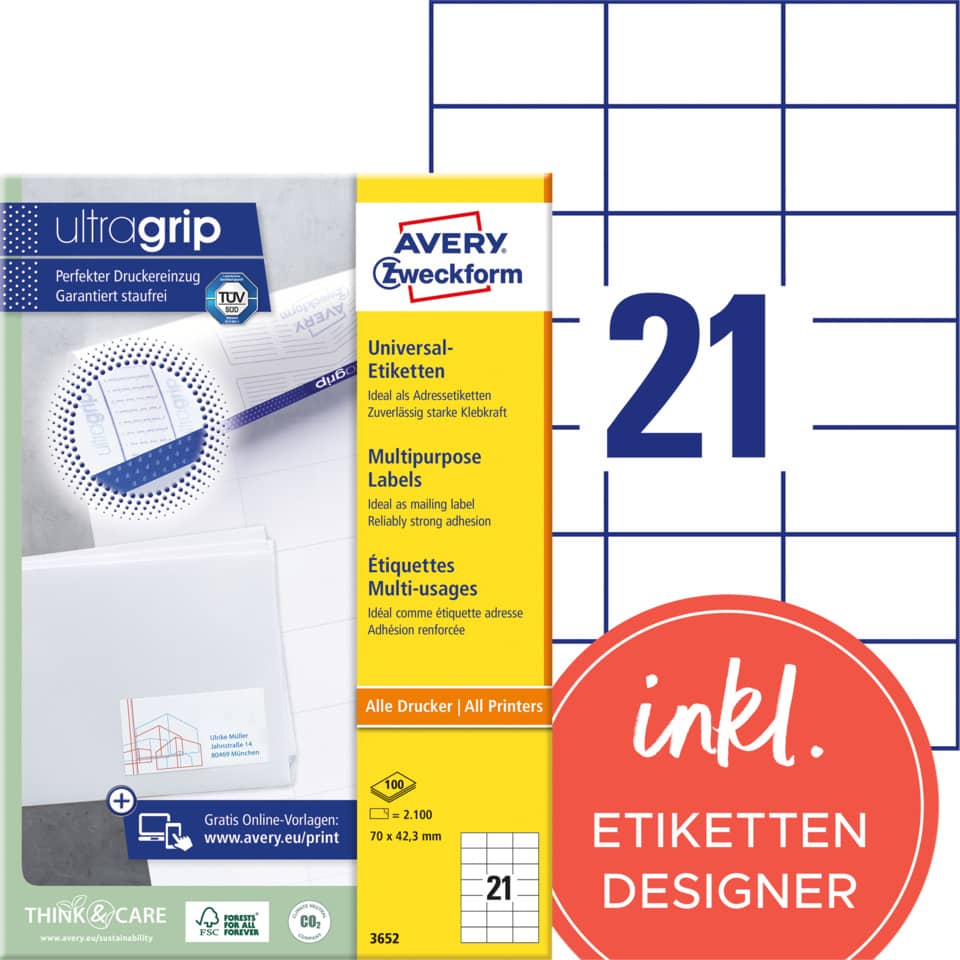 Etiketten, Druckeretiketten, Universaleetiketten, Mehrzwecketiketten, Avery 21