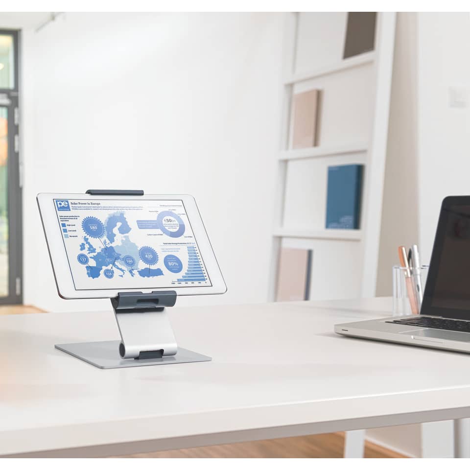 tablet stand, monitor stand, desk setup, blue infographic, adjustable stand