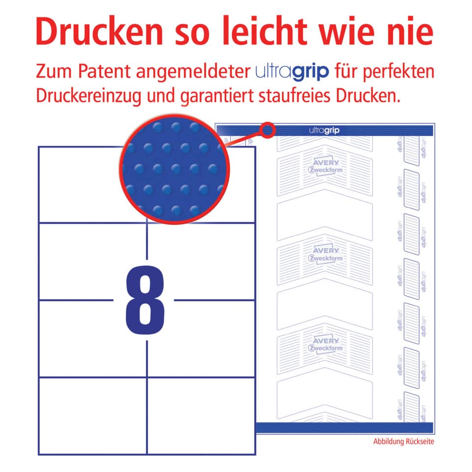 Avery Blatt, Etikettenblatt, Gitterlayout, blaue Zahl, Druckerschutz