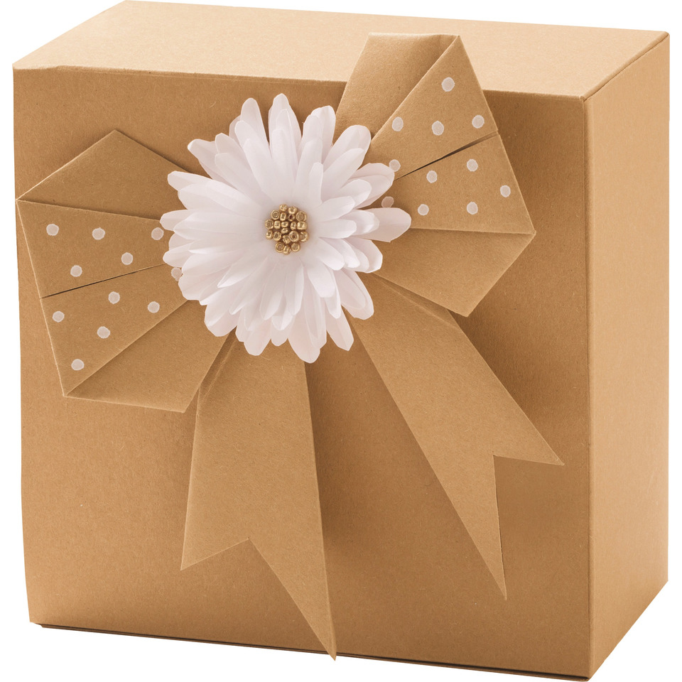 Geschenkverpackung, Kartonbox, Schleife, Blumenverzierung, Braun